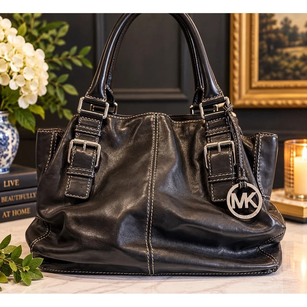 Michael Kors Black Leather Satchel Top Handle Bag Silver Hardware A-0807